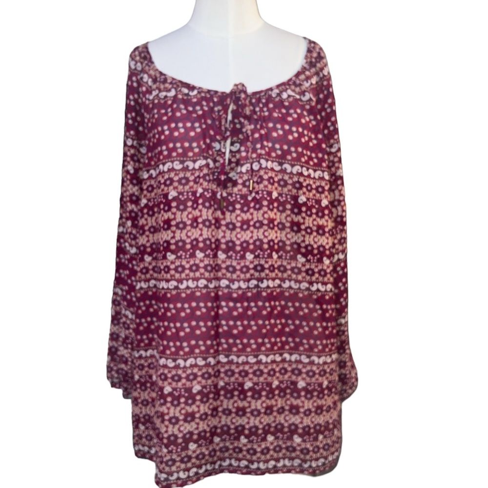☠️5/$20☠️ FADED GLORY | MULTI PATTERN  BOAT NECK TIE FLOWY BLOUSE SZ 1X